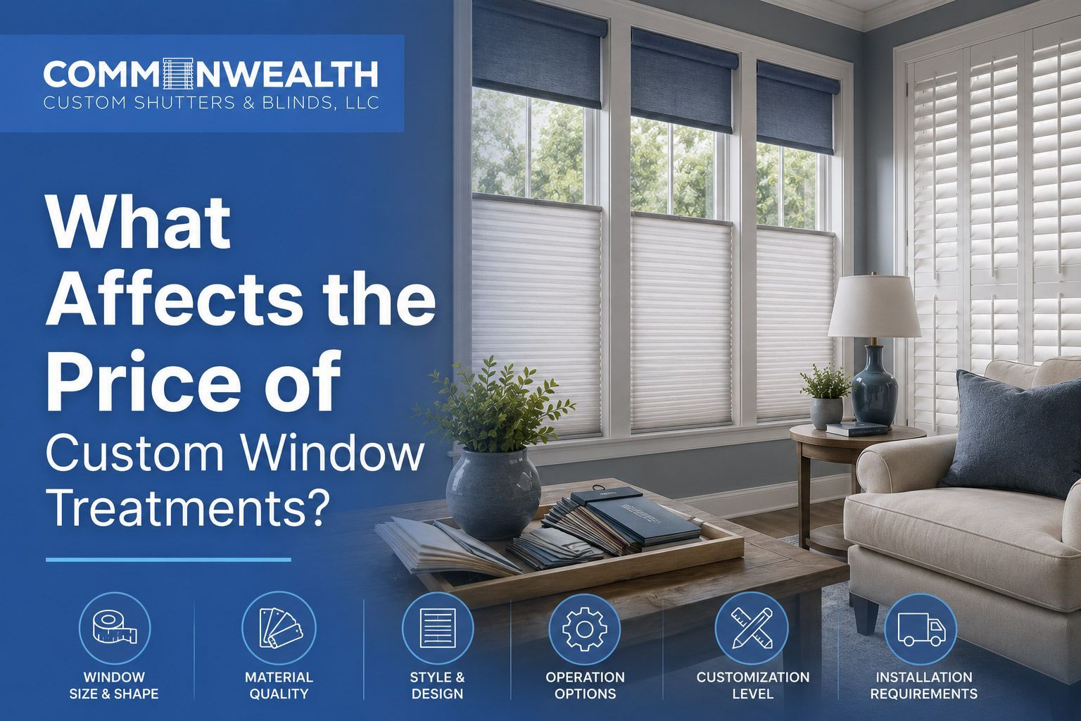 Blue ad about what affects custom window treatment prices, with a bright living room and window blinds.