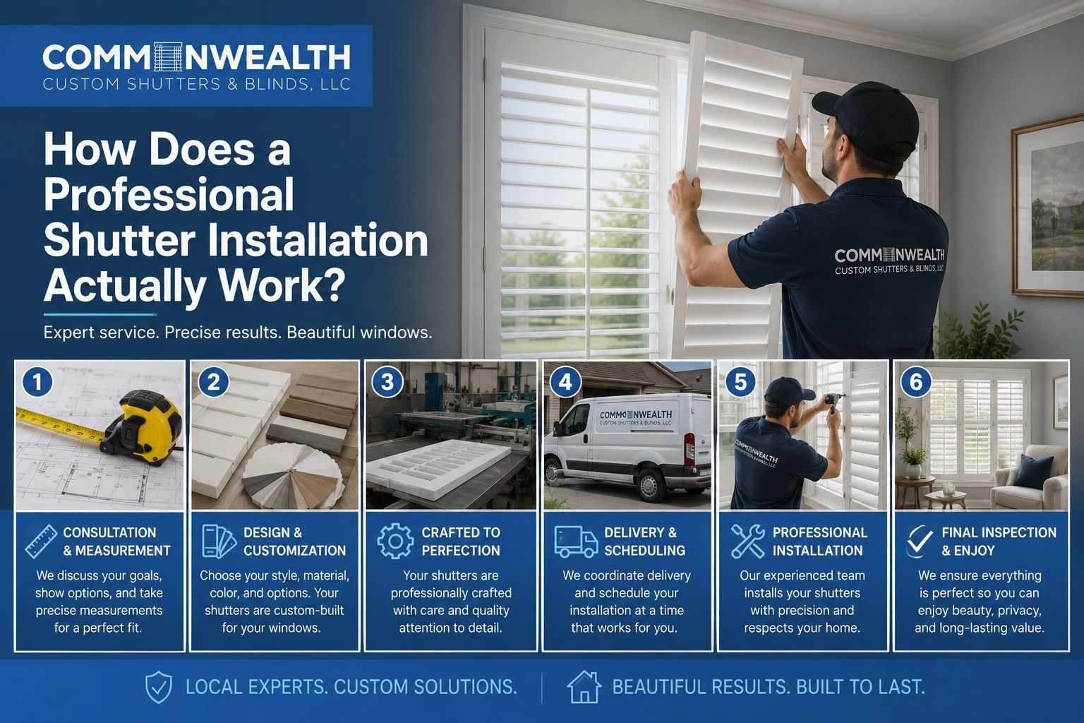 Commonwealth shutters ad showing installer measuring a window beside blue informational panels