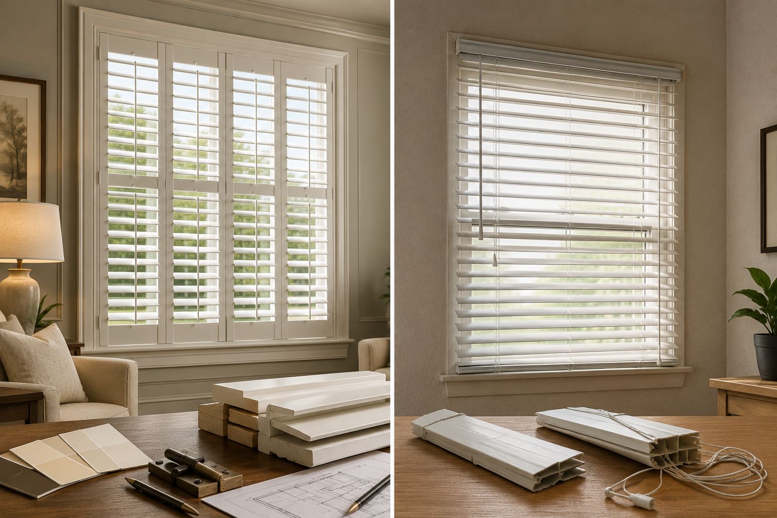 Modern window treatment comparison in warm tones
