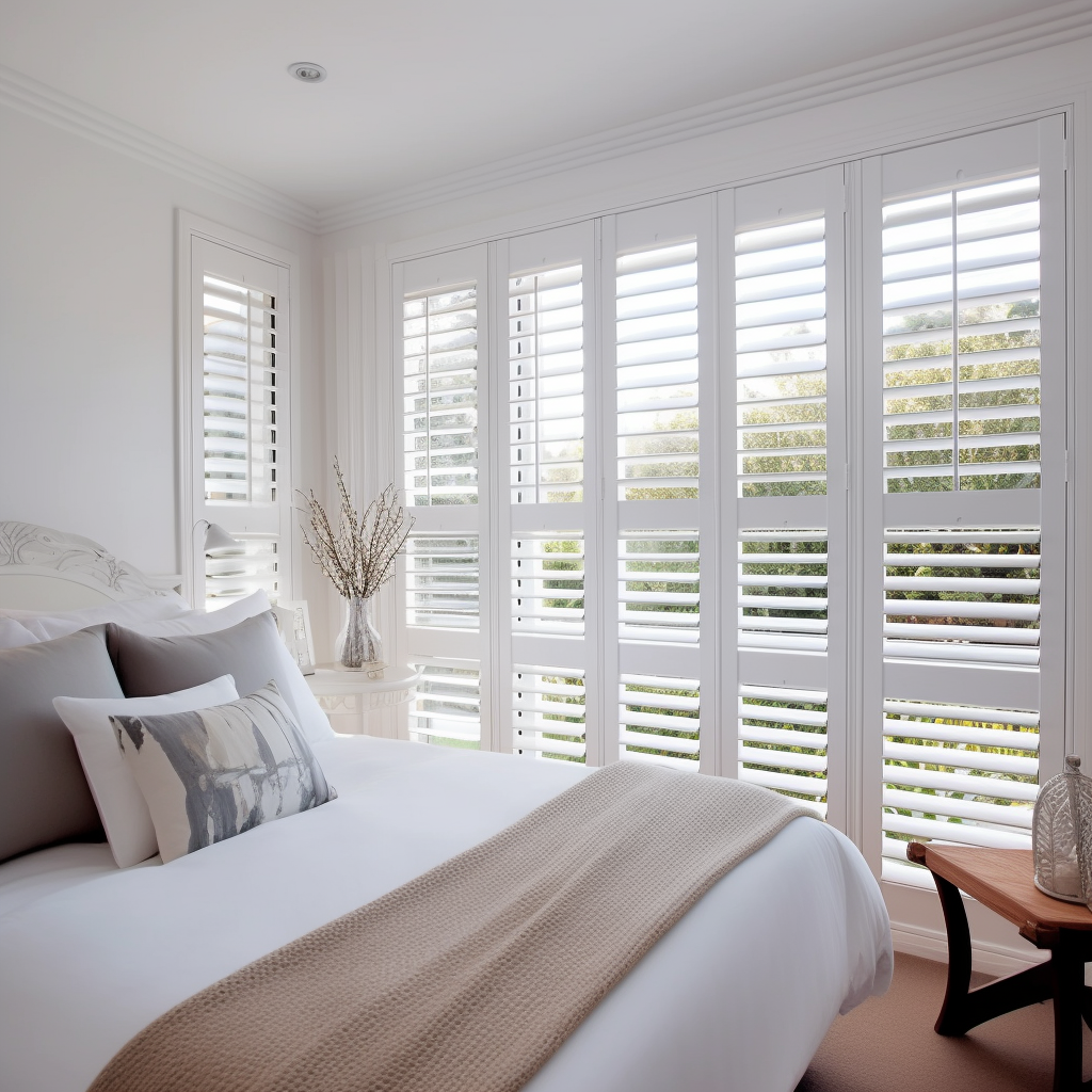 A bedroom with a bed and shutters on the windows
