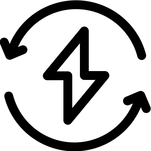 A lightning bolt is surrounded by two arrows in a circle.