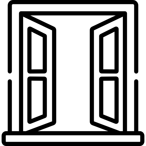 A black and white drawing of an open window.