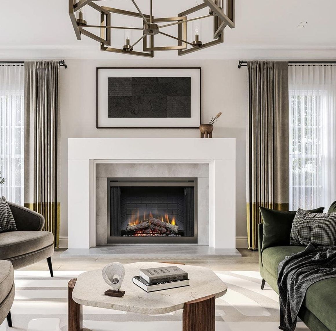 A cozy fire crackles in a wood-burning fireplace