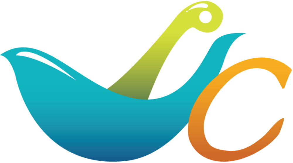 Stylized teal, green, and orange abstract bird logo with a curved wing and beak-like shape