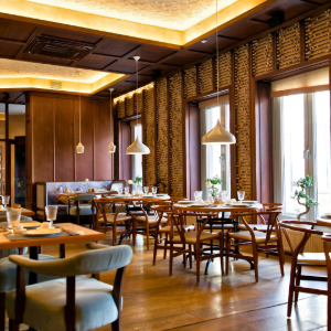 Warm, rustic restaurant dining room with wooden tables, chairs, brick walls, and pendant lights by tall windows