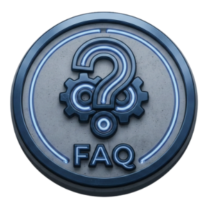Blue circular FAQ icon with gears and a question mark