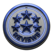 Blue circular “REVIEWS” emblem with a star and three smaller stars around it.
