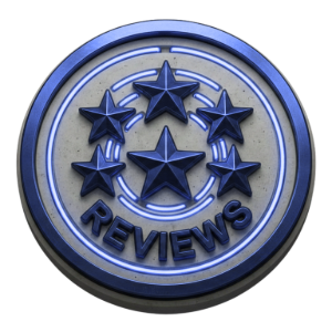 Blue circular “REVIEWS” emblem with a star and three smaller stars around it.