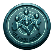 Teal circular service area badge with three connected icons and the text “SERVICE AREA”