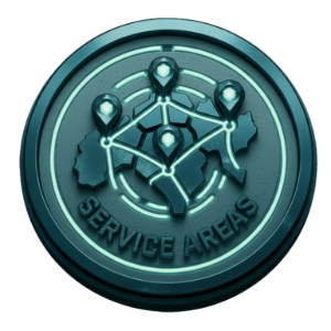 Teal circular service area badge with three connected icons and the text “SERVICE AREA”