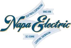Napa Electric logo in blue and gold with “Electrical Contractors,” “Since 1989,” and “Lighting Solutions” text