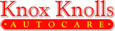 Logo for Knox Knolls Autocare featuring red text on a white background with a red banner containing yellow letters.