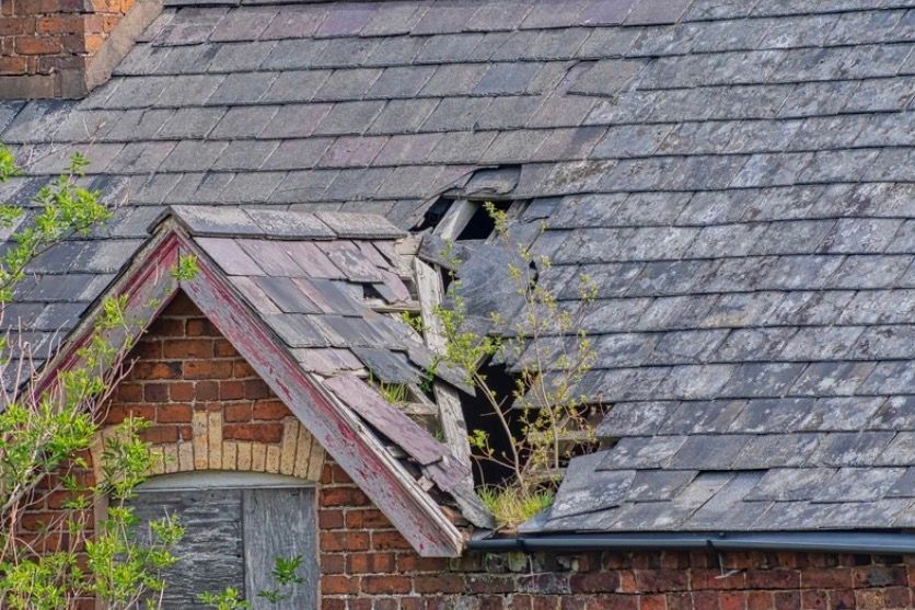 Damaged shingled roof with a large hole and a tree branch over a brick house