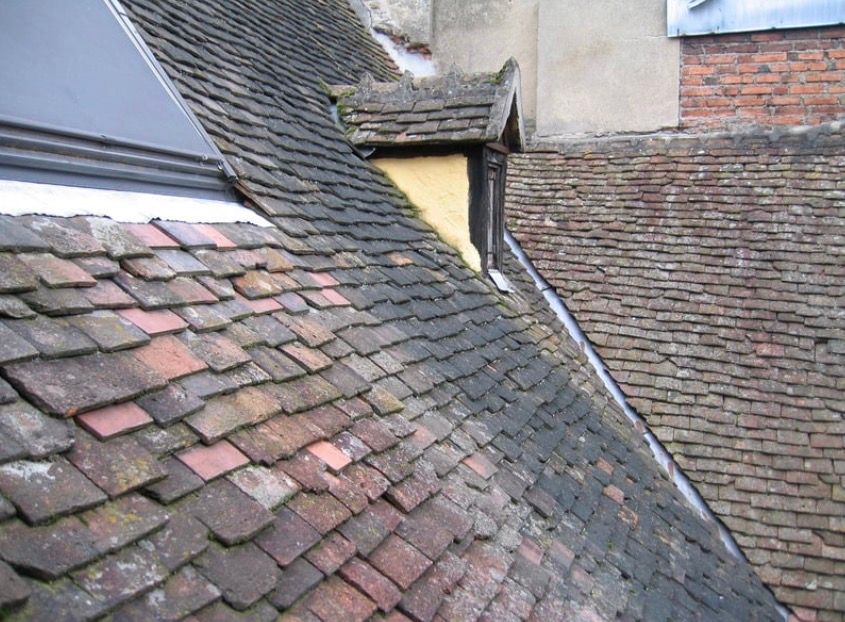 Rooftops with weathered red and gray tiles on a sloped building exterior