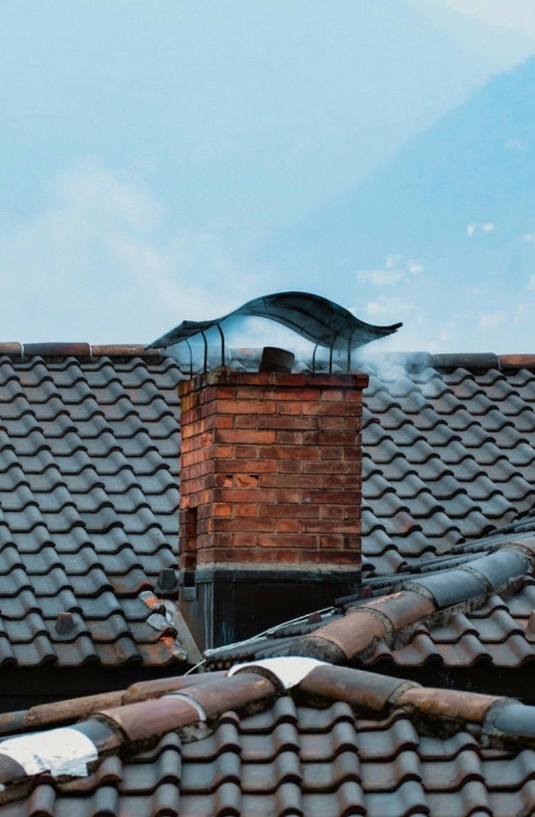 Cat perched on a brick chimney above a tiled roof against a blue sky