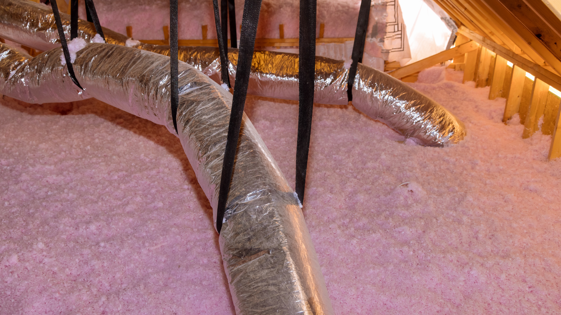A bunch of ducts are hanging from the ceiling of a room.