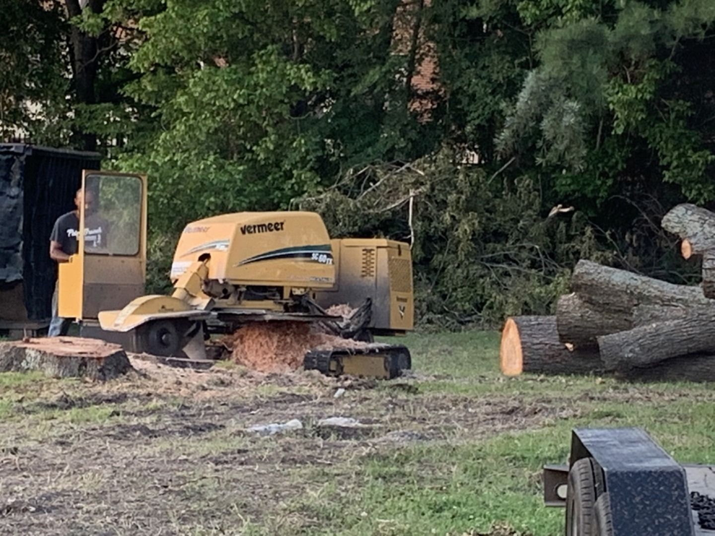 A stump grinder operated by a person grinds a tree stump on a grassy lawn with logs and debris nearby.