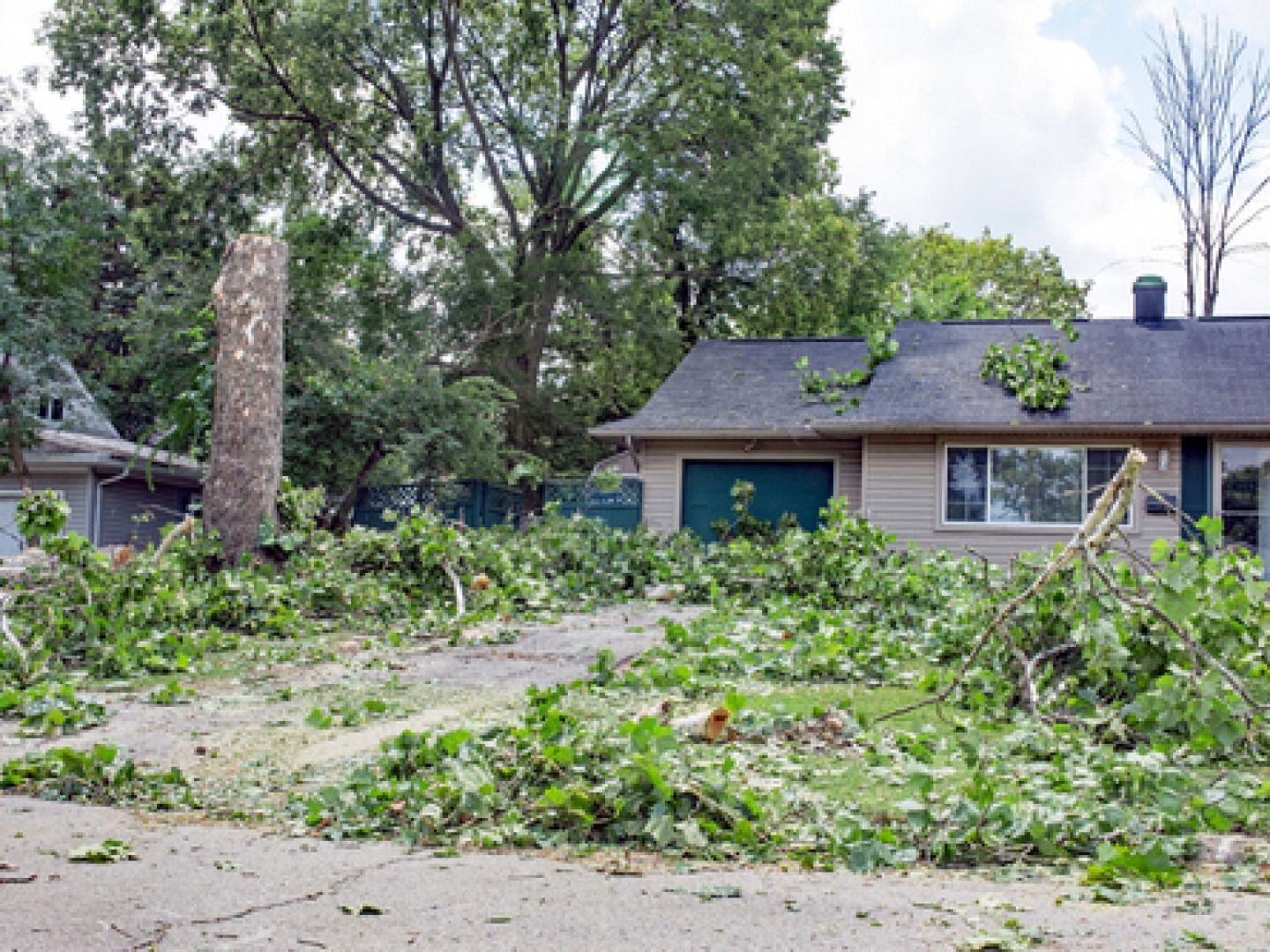 A house and driveway covered in tree debris after a storm. A tree trunk remains.
