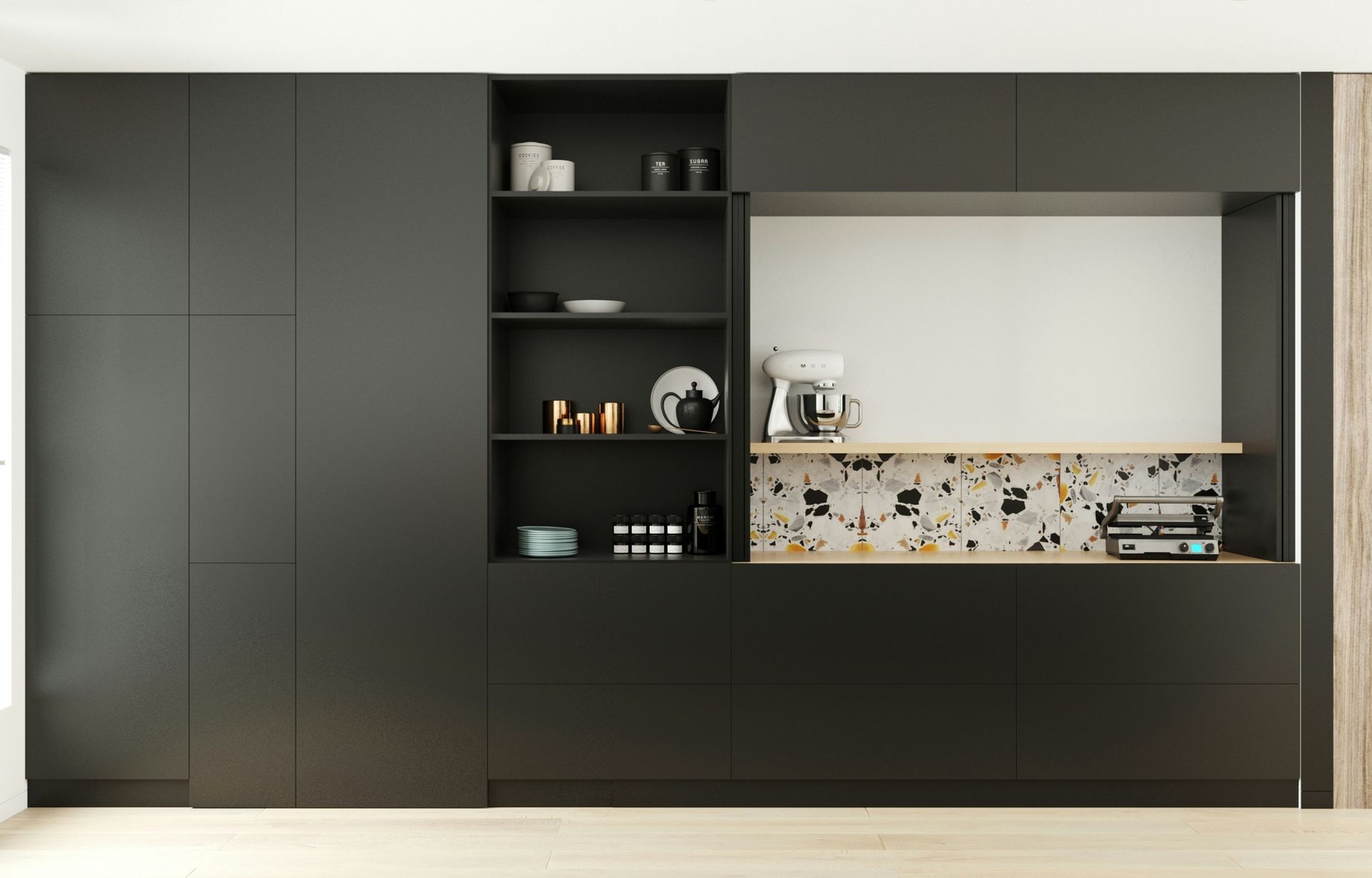 Modern black wall unit with shelves, a desk nook, and built-in storage in a bright room