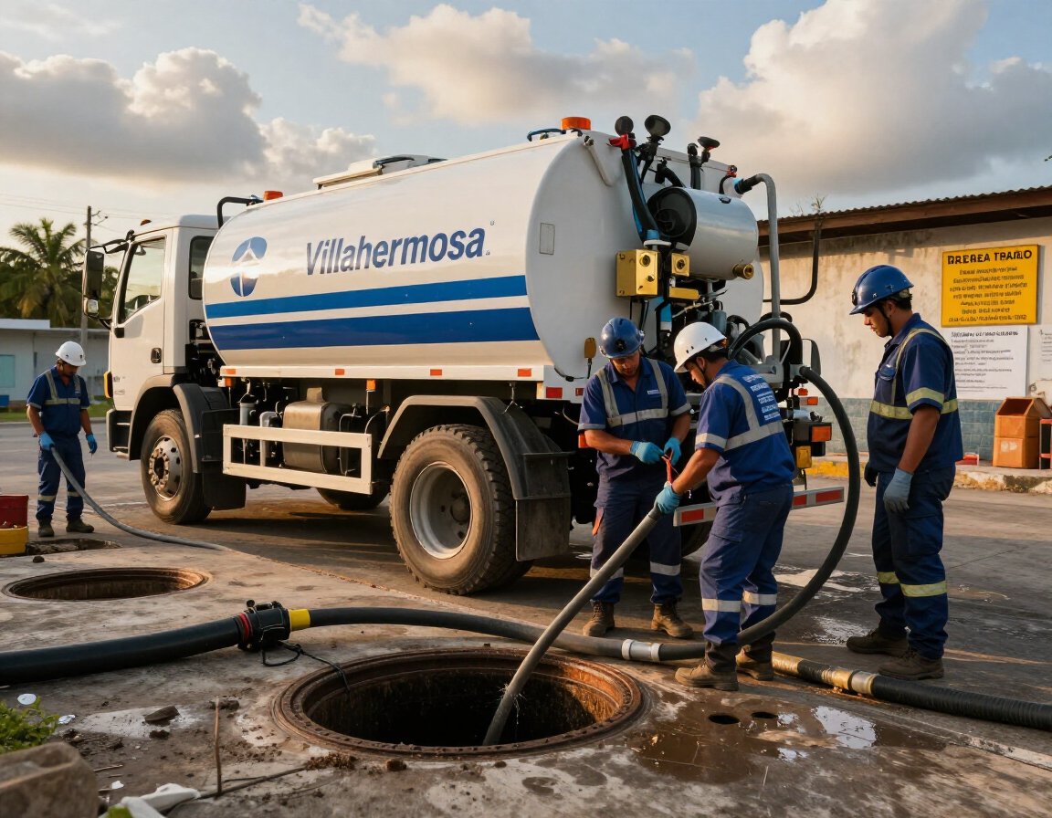 Equipo de alto vacío trabajando en desazolve industrial en Villahermosa
