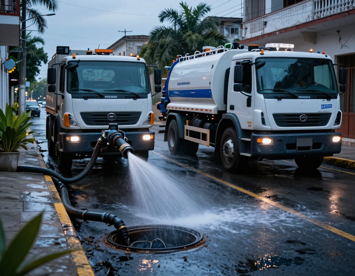 Equipo de desazolve de alto vacío limpiando tuberías industriales
