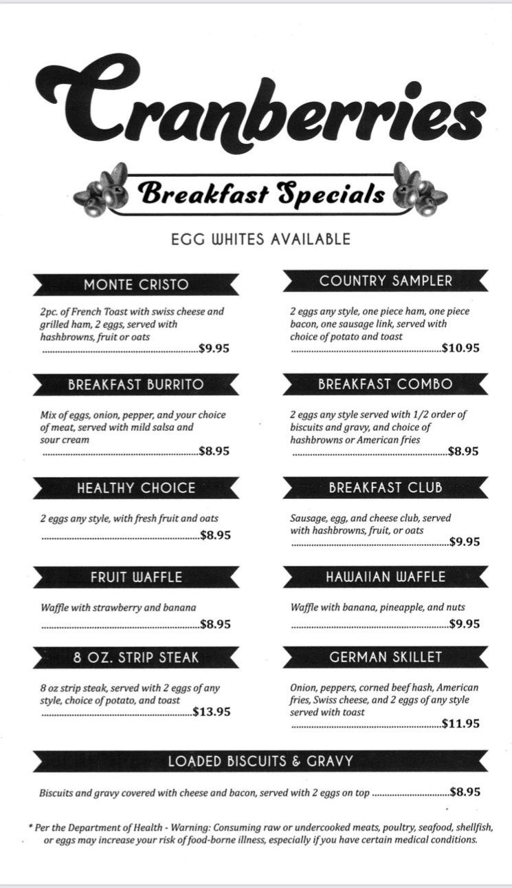Breakfast Menu Page 2 - Jasper, IN - Cranberries Family Restaurant Breakfast Menu Page 2 - Jasper, IN - Cranberries Family Restaurant