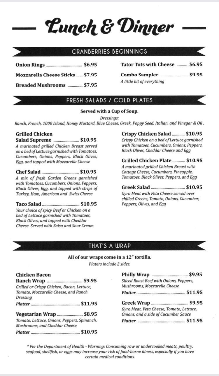 Lunch and Dinner Menu - Jasper, IN - Cranberries Family Restaurant Lunch and Dinner Menu - Jasper, IN - Cranberries Family Restaurant