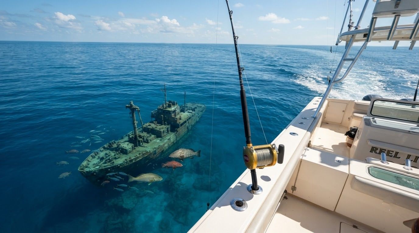 Submerged submarine beside a fishing boat on calm blue ocean water