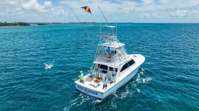 Fishing rod reeling in a marlin beside a boat on open ocean