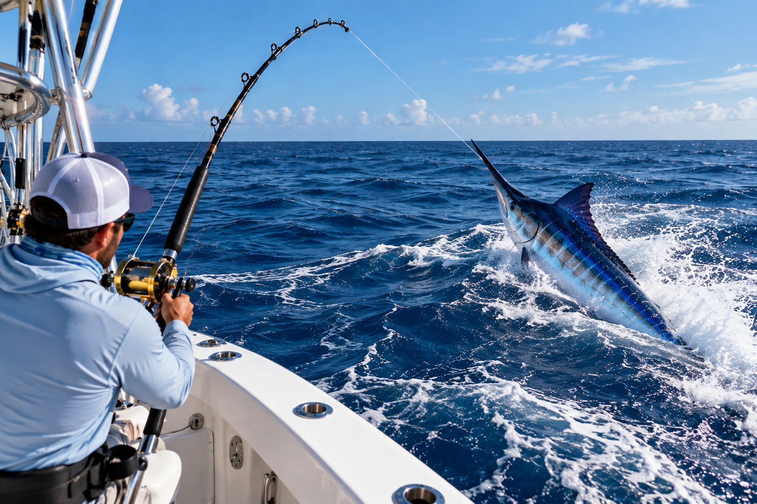 A fish leaps from choppy blue ocean water, splashing near the surface.