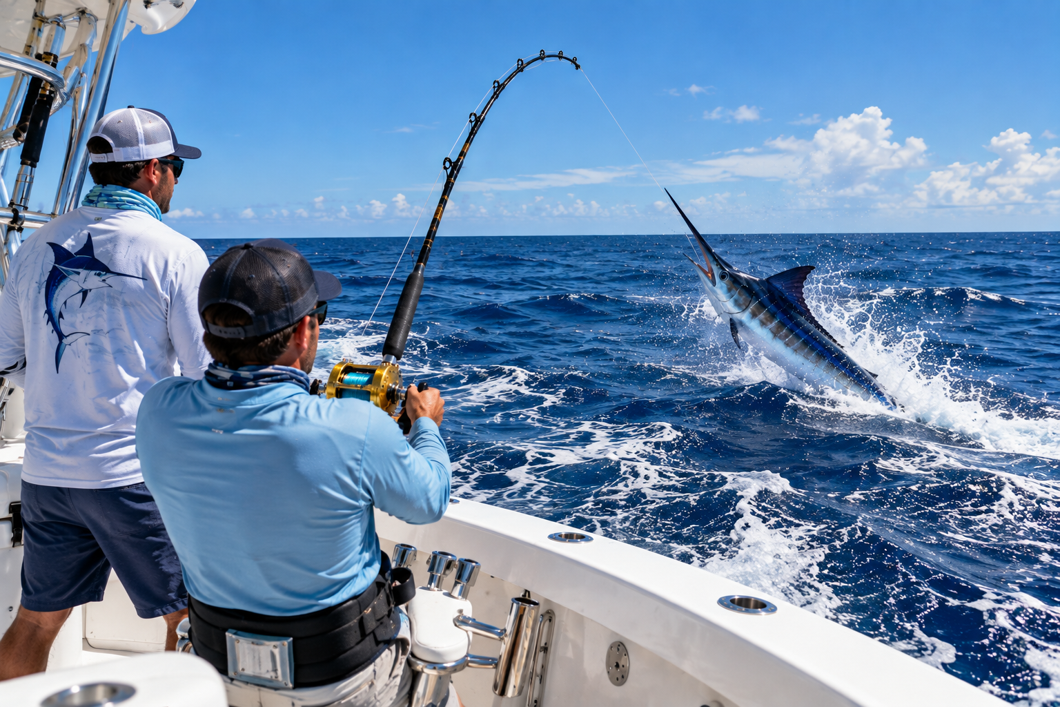 Angler holding a large marlin beside a blue boat deck, fish thrashing in the water