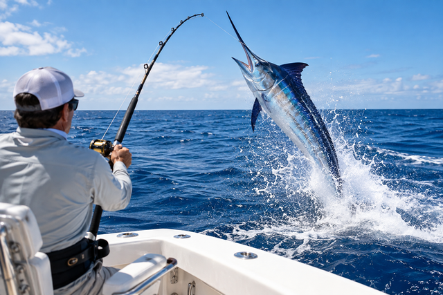 Fishing rod reeling in a marlin beside a boat on open ocean
