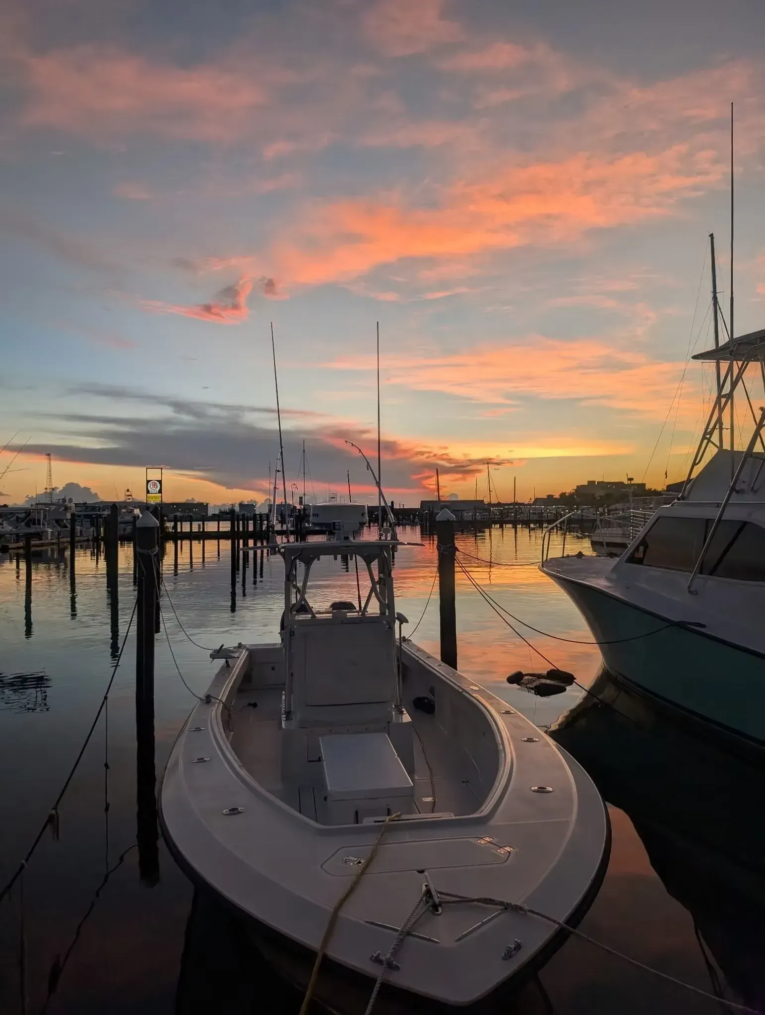 Boats docked at sunset, with pink-orange sky reflecting on calm marina water.