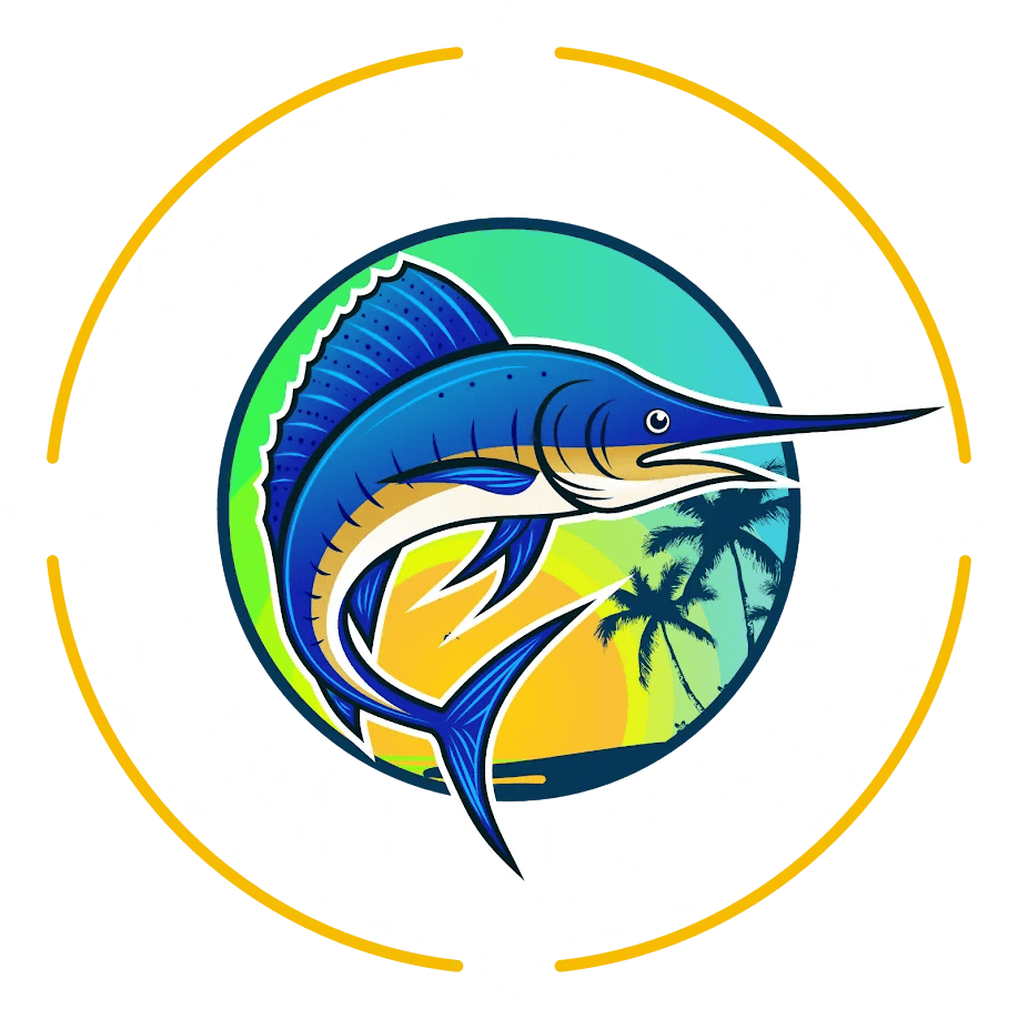 Colorful marlin logo in a circular ocean scene with yellow ring accents