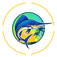 Colorful marlin logo in a circular ocean scene with yellow ring accents
