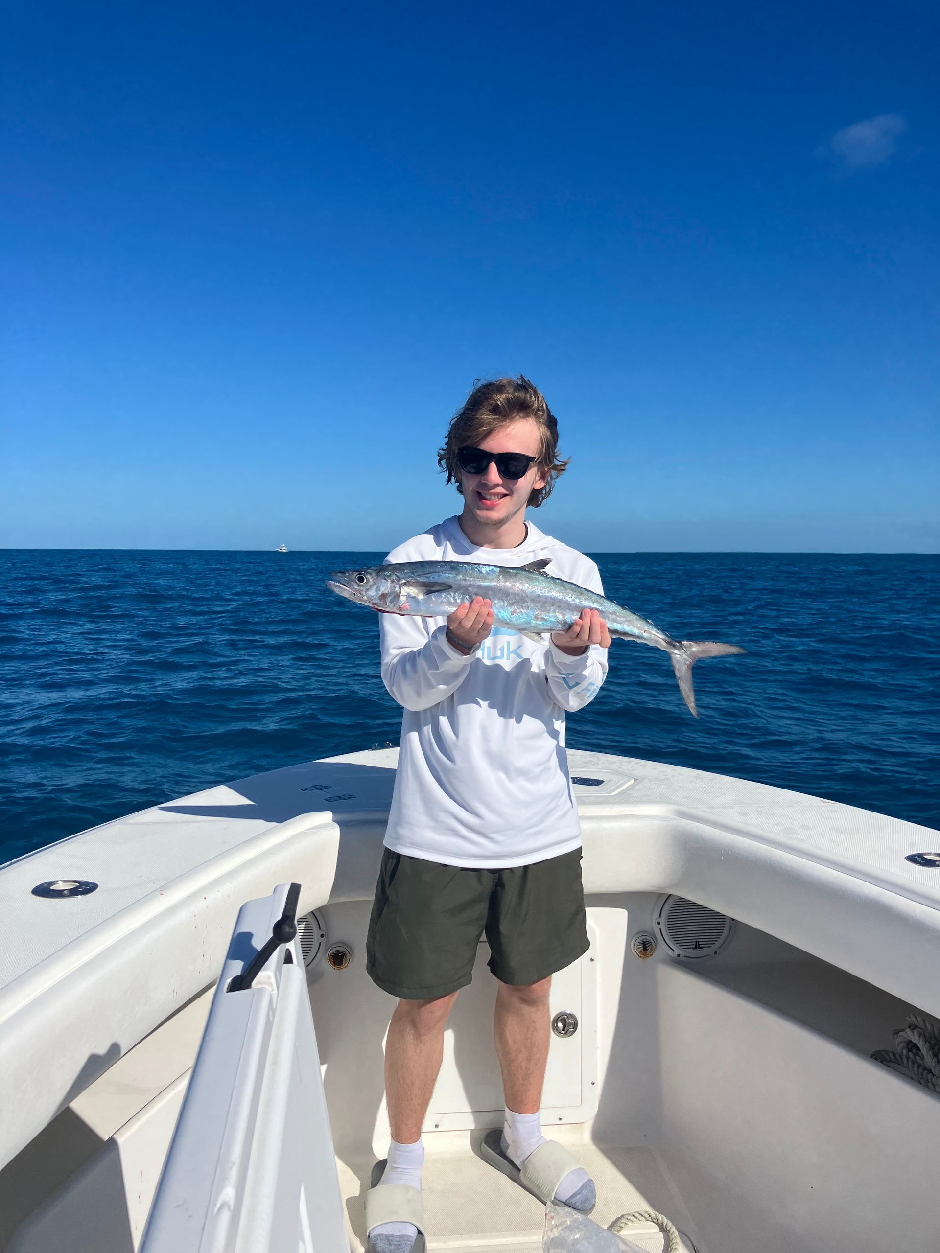 Person on a boat holding a fish, with blue ocean and clear sky in the background.