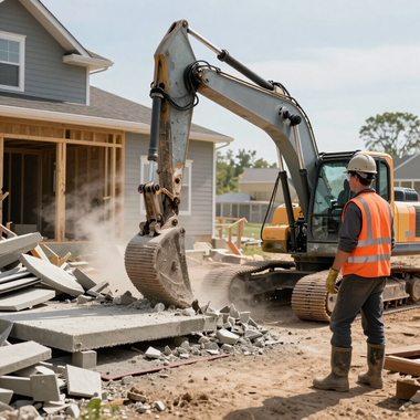 Excavator demolishing concrete outside a house, with a worker in a hard hat and orange vest nearby.