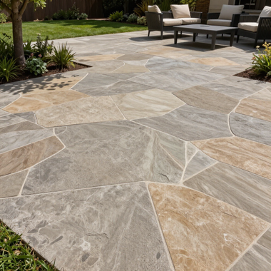 Stone patio with irregular flagstones and outdoor seating in a landscaped backyard