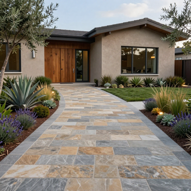 Modern home exterior with a stone walkway, wooden front door, and desert landscaping