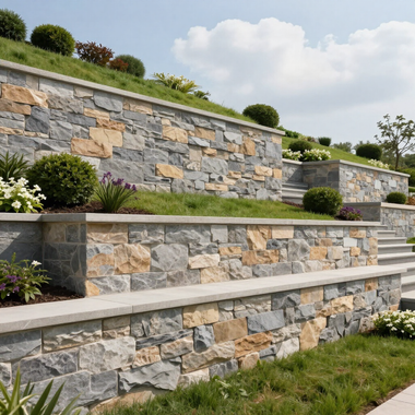 Terraced stone retaining walls with steps and shrubs in a landscaped garden