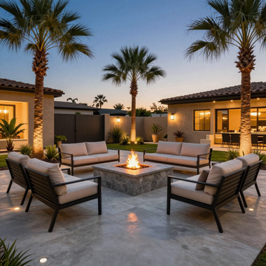 Modern desert patio with palm trees, cushioned seating, and a fire pit at dusk