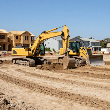 Yellow excavator and bulldozer grading dirt on a construction site with houses in the background