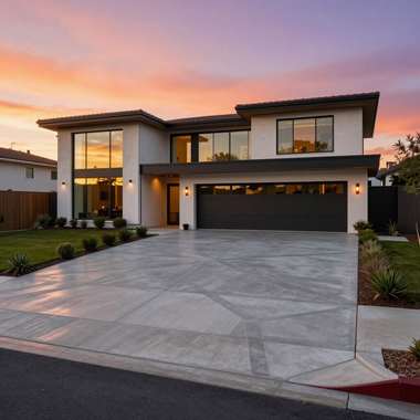 Modern two-story house with a large concrete driveway at sunset