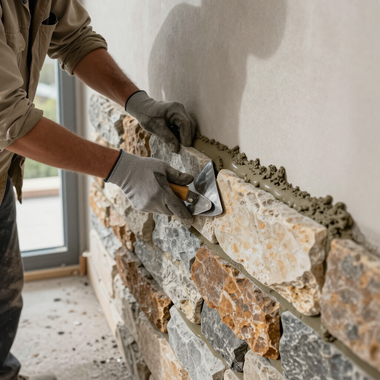 Worker applying stone veneer to a wall indoors with a trowel and gloves