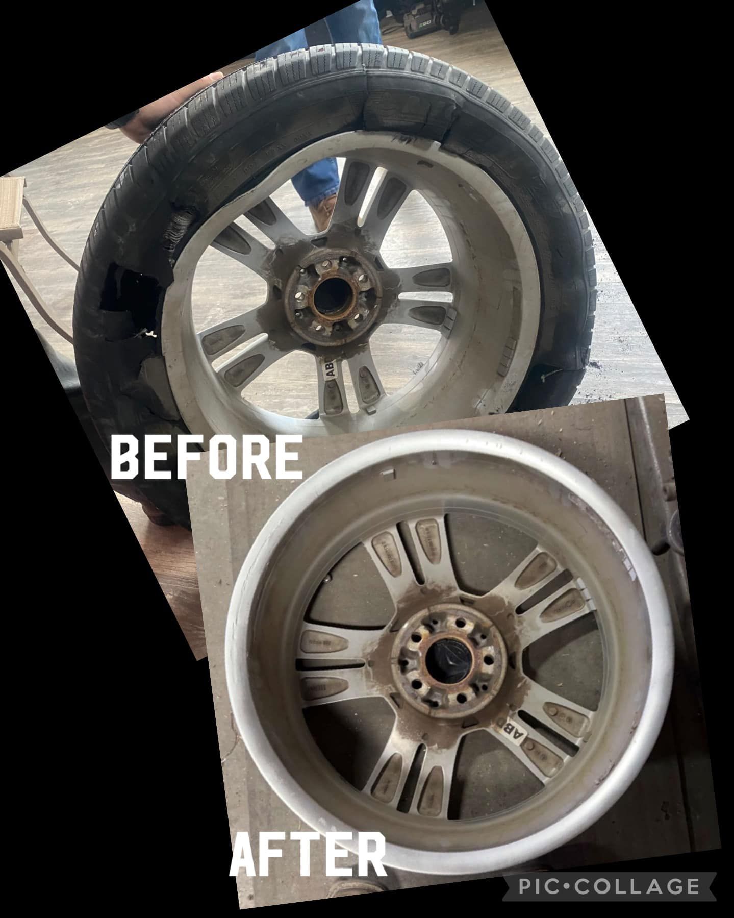 A before and after picture of a tire and a wheel.