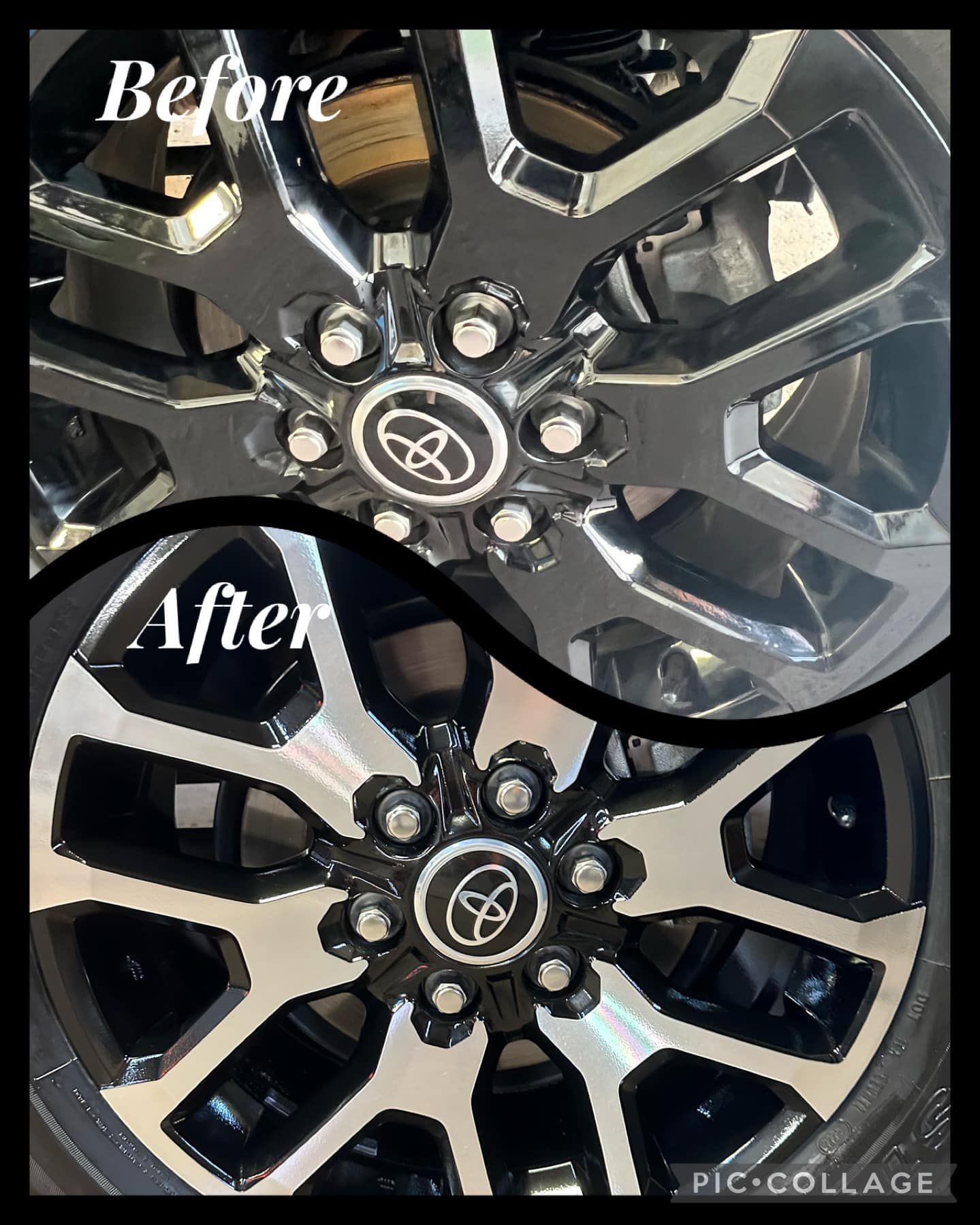 Wheel before and after, showing a Toyota logo wheel with black and silver detailing.