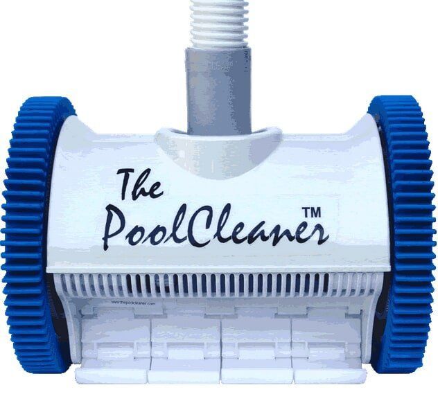 A white pool cleaner with blue wheels on a white background