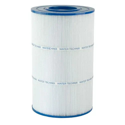 A white filter cartridge with a blue lid on a white background.