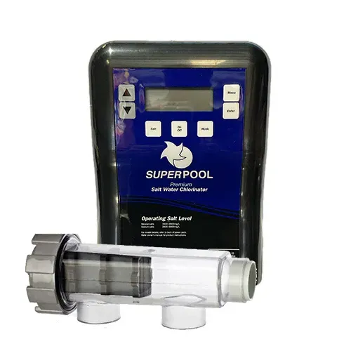 A superpool swimming pool chemical controller is sitting next to a chemical cell.