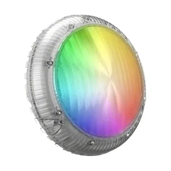 A close up of a rainbow coloured light on a white background.